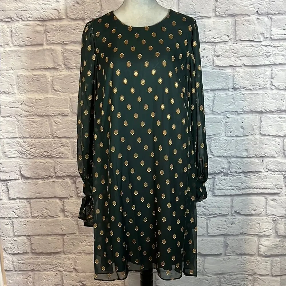 Calvin Klein Green Shift Dress with Bishop Sleeves and gold threaded design